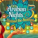 Werbebanner für das Spiel 1001 Arabian Nights 5: Sinbad the Seaman mit einer fröhlich lächelnden animierten Frau und farbenfrohen Spielsteinen im Hintergrund