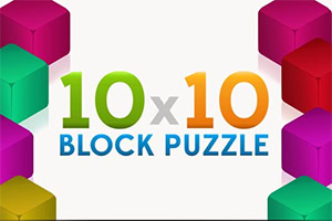 Bunte dreidimensionale Würfel rahmen den Schriftzug „10x10 Block Puzzle auf weißem Hintergrund ein