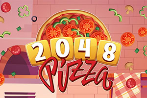 Bunte Illustration einer Pizza mit Tomaten und Paprika, darüber die Zahl 2048 und der Schriftzug „Pizza