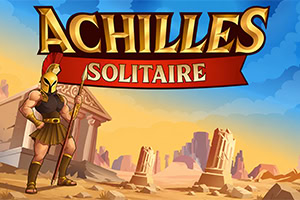 Antiker griechischer Krieger mit Speer vor Tempelruinen und Wüstenlandschaft bei Sonnenuntergang, darüber der Schriftzug „Achilles Solitaire