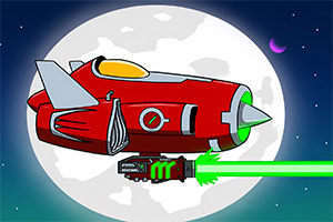 Rote futuristische Rakete mit grünen Antrieben vor einem großen Vollmond im Sternenhimmel
