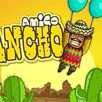 Cartoon-Mann mit Sombrero und Poncho schwebt mit Ballons, umgeben von Kaktussen und Logo Amigo Pancho