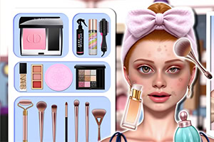 Junge Frau mit rosa Schleife im Haar, Gesichtspflege-Maske, Make-up-Pinseln und Kosmetikprodukten