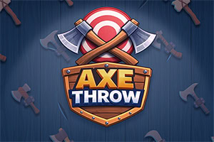 Stilisiertes Logo mit gekreuzten Äxten, Zielscheibe und Schild mit der Aufschrift „AXE THROW auf dunkelblauem Hintergrund