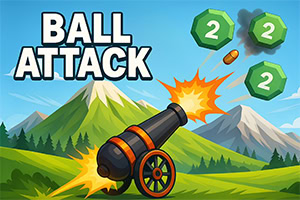 Illustration einer Kanone vor Berglandschaft, die auf grüne Würfel mit der Zahl 2 schießt, mit dem Schriftzug „BALL ATTACK