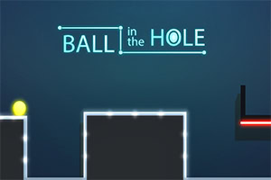 Neonbeleuchtetes Puzzle-Spiel mit gelbem Ball und Zielbereich Ball in the Hole auf dunkelblauem Hintergrund