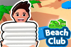 Comicartige Figur mit dunklem Haar im weißen Handtuch vor Sandstrand, Palmen, Liegestuhl und „Beach Club-Schriftzug