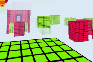 3D-Modellierung von geometrischen Blöcken in verschiedenen Farben auf einem grünen Gitter