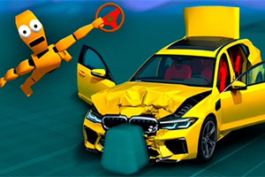 Gelbes Sportauto mit zerknitterter Front und offenem Kofferraum neben einer orangefarbenen Crash-Test-Puppe
