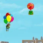 Videospielcharakter fliegt mit bunten Luftballons über Gebäude, rote Ballons mit Bäumen im Hintergrund