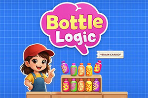 Bunte Cartoon-Grafik mit „Bottle Logic-Logo, lächelndem Mädchen und mehreren farbigen Flaschen auf einem Holzregal vor blauem Rasterhintergrund