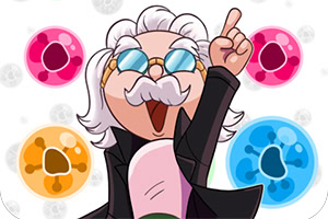 Ein Cartoon-Charakter mit weißem Haar und Schnurrbart trägt eine Sonnenbrille und hebt einen Finger, umgeben von bunten Kugeln in Pink, Orange und Blau