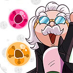 Brain Master Game for Genius Ein Cartoon-Charakter mit weißem Haar und Schnurrbart trägt eine Sonnenbrille und hebt einen Finger, umgeben von bunten Kugeln in Pink, Orange und Blau