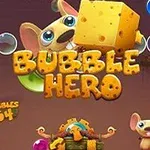 Spielbanner für Bubble Hero mit animierten Mäusen, Käse und bunten Blasen