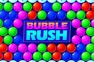 Bunte glänzende Kugeln umrahmen ein blaues Schild mit der Aufschrift „BUBBLE RUSH