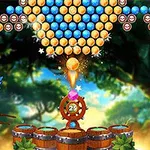 Buntes Bubble-Shooter-Spiel mit einem Papagei und Affen in einem Dschungel