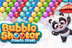 Süßer Panda mit Regenschirm und bunten Blasen im Spiel Bubble Shooter Panda Blast