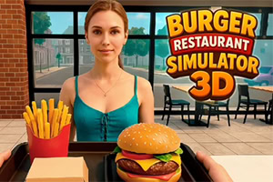 Junge Frau in türkisfarbenem Top hinter einem Tisch mit Burger, Pommes und einem Restaurant-Schriftzug im Hintergrund