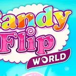 Buntes Logo von Candy Flip World mit lächelnder Süßigkeit auf blauem Hintergrund