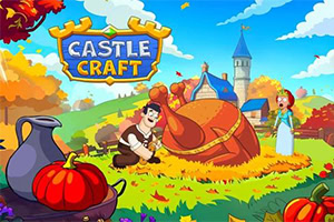 Zeichentrickfiguren in einem mittelalterlichen Dorf mit Schloss, großer Kürbis und Herbstlandschaft im Spiel Castle Craft