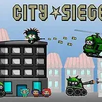 Computerspiel City Siege 2 mit Hubschrauber, Soldaten und Explosion in einer Cartoon-Stadt