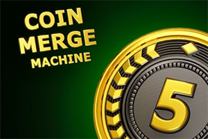 Goldene Münze mit der Zahl 5 vor dunkelgrünem Hintergrund und gelbem Schriftzug „Coin Merge Machine