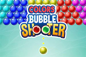 Bunte Blasen am oberen Rand mit großem „Colors Bubble Shooter-Schriftzug und gelber Kugel vor türkisfarbenem Hintergrund