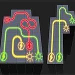 Neonröhren in Form der Buchstaben A, M, I mit leuchtenden Pfaden und Symbolen auf dunklem Hintergrund