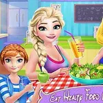 Elsa, Rapunzel und Anna werden anfangen, etwas zu essen vorzubereiten