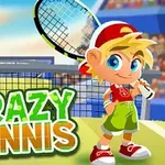 Cartoon-Charakter spielt Tennis mit großem Ball und stilisierten Spielfeld im Hintergrund bei Crazy Tennis