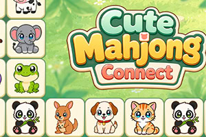 Buntes Logo mit Schriftzug „Cute Mahjongs Connect, umgeben von Mahjong-Steinen mit niedlichen Tieren wie Elefant, Frosch, Panda, Hase und Hund vor grünem Hintergrund