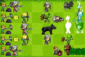 Pixelart-Spielszene mit verschiedenen Charakteren, Tieren und Kampfaktionen