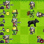 Defenders of the Realm: An Epic War! Pixelart-Spielszene mit verschiedenen Charakteren, Tieren und Kampfaktionen