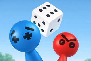 Zwei farbige Spielfiguren in Blau und Rot mit Symbolen im Gesicht, darüber ein schwebender weißer Würfel vor blauem Himmel