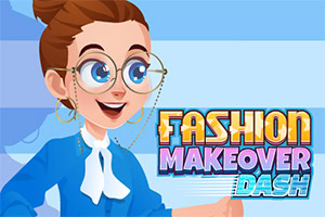 Cartoonhafte Frau mit Dutt, großer Brille und blauem Blazer neben dem Schriftzug „Fashion Makeover Dash
