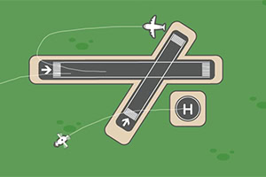 Illustration einer Landebahn und eines Helikopterlandeplatzes mit Flugzeugen und Flugbahnen auf grünem Hintergrund