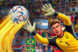 Illustration eines Torwarts im gelben Trikot, der nach einem brennenden Fußball vor einem Netz mit brasilianischen Fans greift
