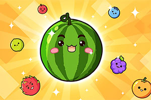 Niedliche animierte Wassermelone mit Gesicht umgeben von farbenfrohen Früchten auf leuchtendem Hintergrund