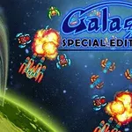 Galaga Special Edition Videospiel mit farbenfrohen Raumschiffen und Explosionen im Weltraum