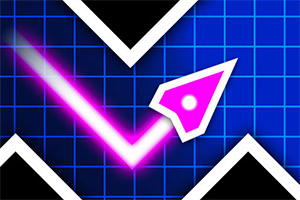 Neon-pinker Pfeil auf einem blauen Rasterhintergrund mit weißen Linien und Leuchteffekten