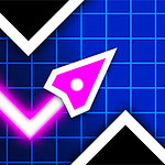 Neon-pinker Pfeil auf einem blauen Rasterhintergrund mit weißen Linien und Leuchteffekten