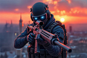 Ein maskierter Soldat mit leuchtend blauen Brillenvisieren zielt mit einem Gewehr bei Sonnenuntergang in einer urbanen Umgebung
