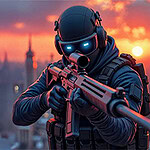 Ein maskierter Soldat mit leuchtend blauen Brillenvisieren zielt mit einem Gewehr bei Sonnenuntergang in einer urbanen Umgebung