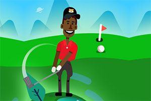 Illustration eines lächelnden Golfspielers in rotem Hemd und schwarzer Kappe auf einem grünen Golfplatz mit Bergen im Hintergrund