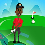 Illustration eines lächelnden Golfspielers in rotem Hemd und schwarzer Kappe auf einem grünen Golfplatz mit Bergen im Hintergrund