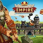 Werbebanner für Goodgame Empire mit einem bärtigen Krieger und einer brennenden Burg im Cartoon-Stil