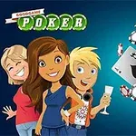 Goodgame Poker Cartoon-Poker-Spiel mit lächelnden Charakteren und schwebenden Spielkarten und Chips