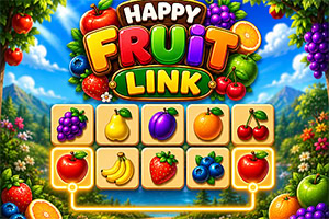 Buntes Früchte-Puzzle mit „Happy Fruit Link-Schriftzug, umgeben von Trauben, Erdbeeren, Kirschen und einer Spieltafel mit Obstsymbolen