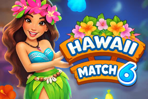 Lächelnde hawaiianische Tänzerin mit Blumenkranz vor tropischem Hintergrund und buntem „HAWAII MATCH 6-Schriftzug