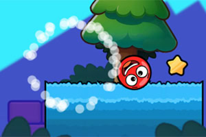 Roter Ball mit Augen springt auf Plattform in einem Cartoon-Spiel mit Wasser und Stern